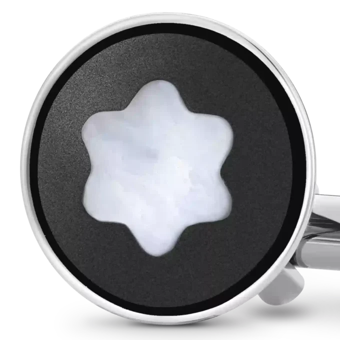 Butoni rotunzi din oțel inoxidabil cu incrustare PVD negru și emblemă din sidef cu strat de zăpadă