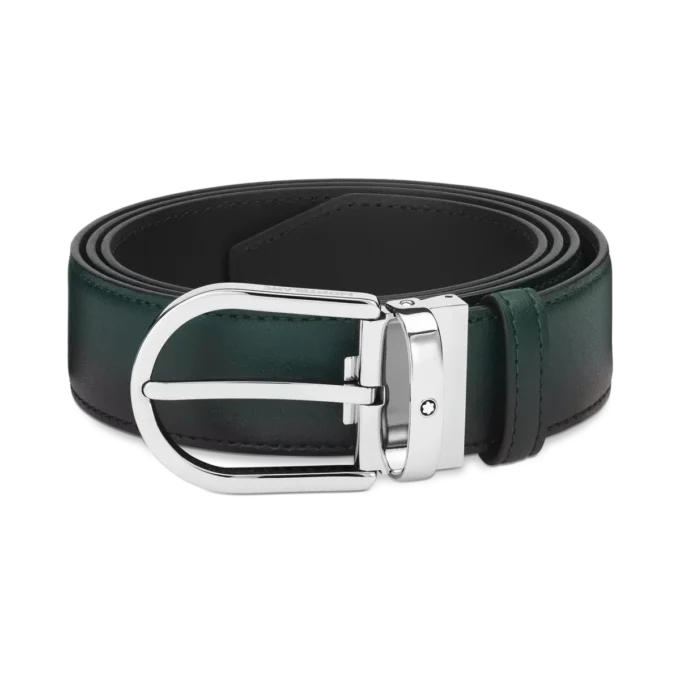 Curea din piele de 35 mm cu cataramă în formă de potcoavă, verde britanic sfumato