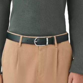 Curea din piele de 35 mm cu cataramă în formă de potcoavă, verde britanic sfumato