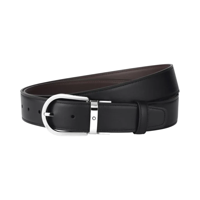 Curea din piele neagră/maro cu cataramă în formă de potcoavă de 35 mm