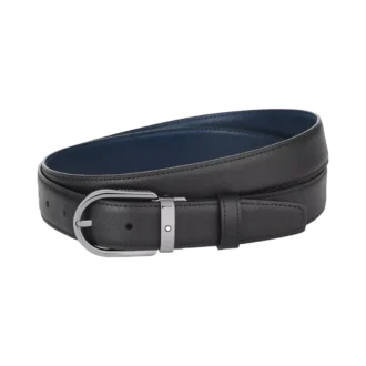 Curea din piele reversibilă cu cataramă în formă de potcoavă, negru/albastru, 30 mm