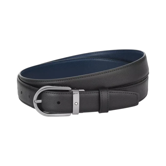 Curea din piele reversibilă cu cataramă în formă de potcoavă, negru/albastru, 30 mm