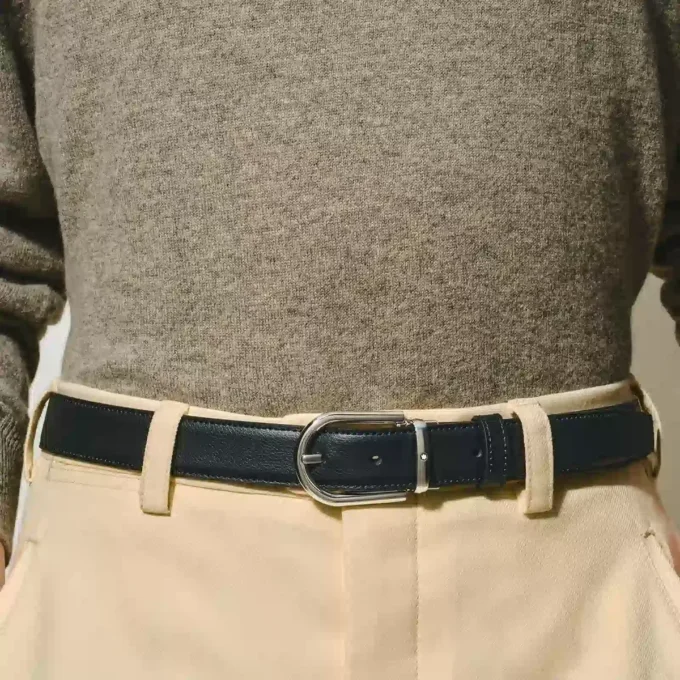 Curea din piele reversibilă cu cataramă în formă de potcoavă, negru/albastru, 30 mm