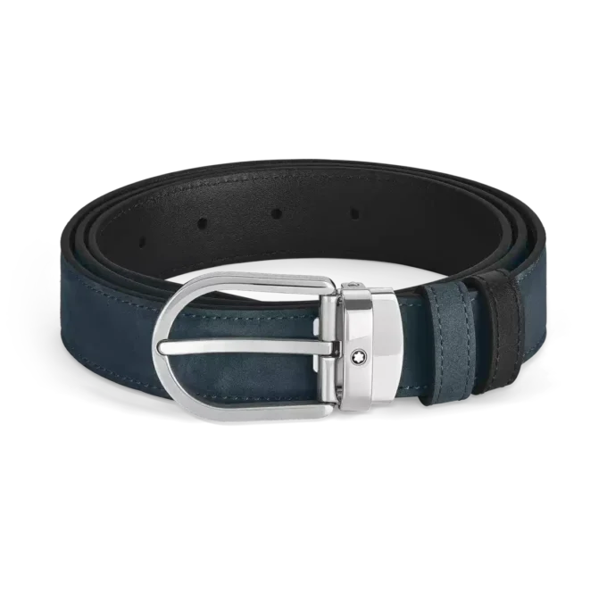 Curea reversibilă din piele albastră/neagră cu cataramă în formă de potcoavă, 30 mm